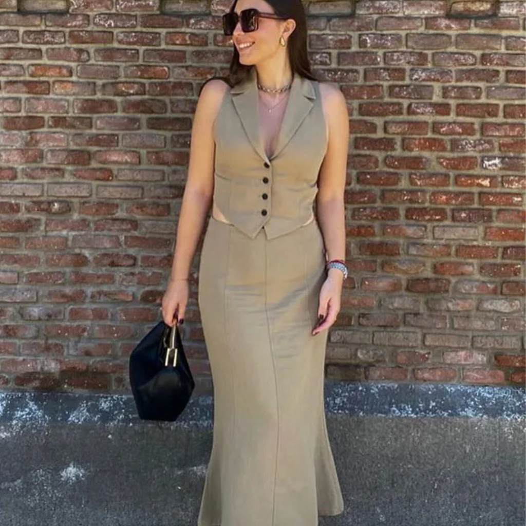 Conjunto Feminino 2 Peças Cintura Alta Cáqui Lury