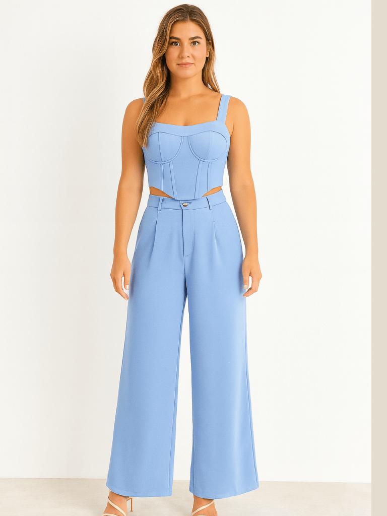 Conjunto Feminino Azul Bebê Krabi – Elegância com Toque Moderno