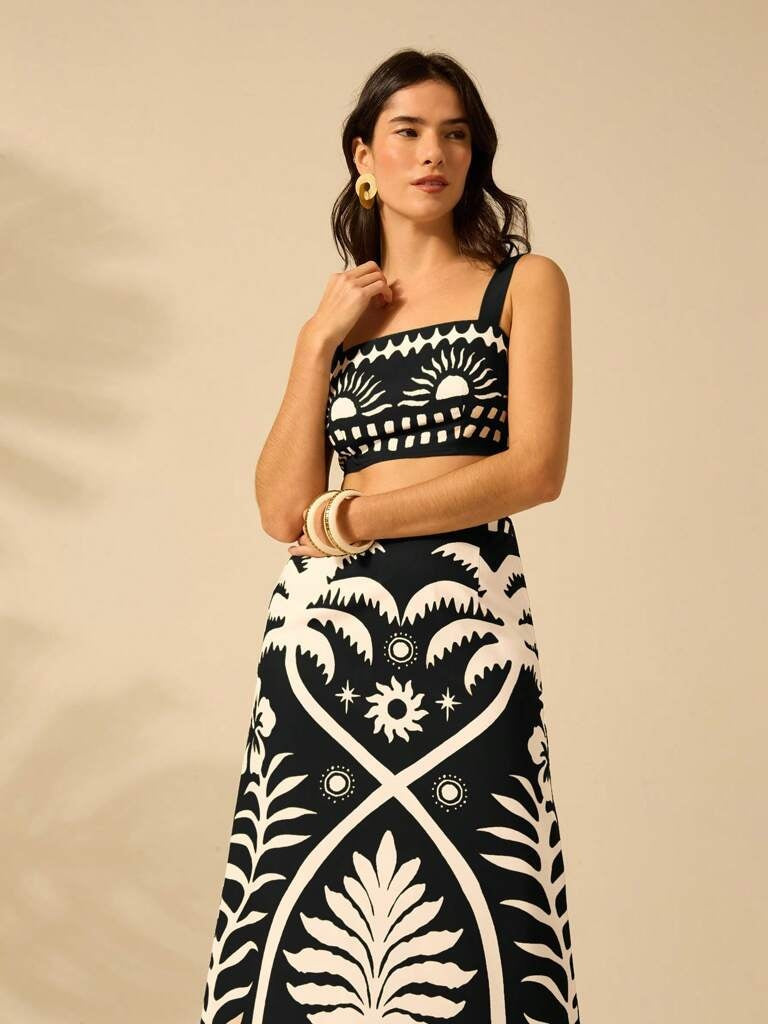 Conjunto Feminino Zurique – Estampa Tropical Preto