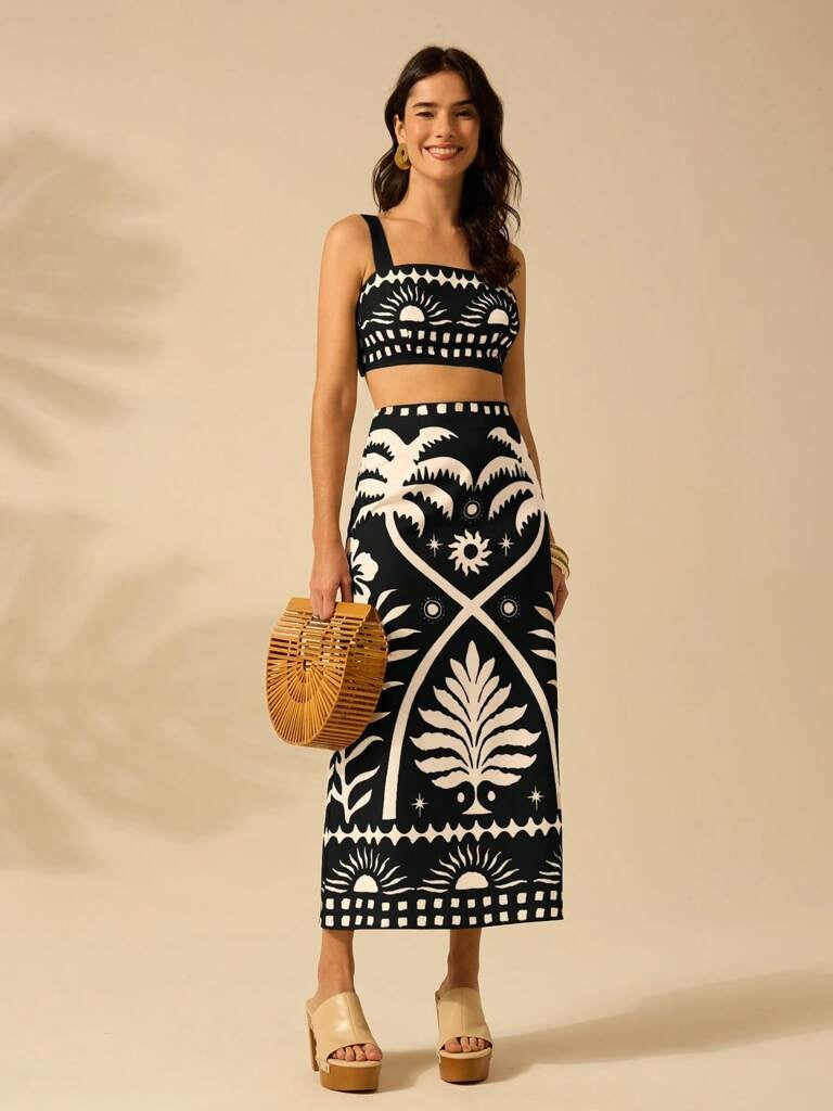 Conjunto Feminino Zurique – Estampa Tropical Preto