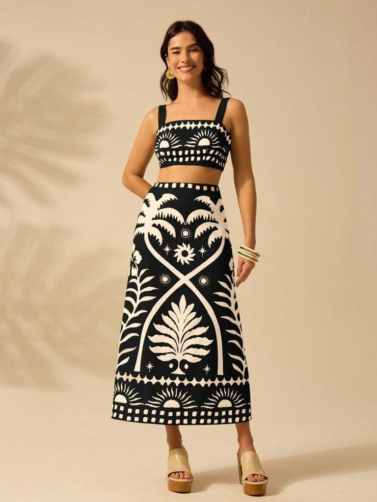 Conjunto Feminino Zurique – Estampa Tropical Preto