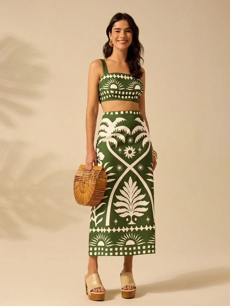 Conjunto Feminino Estampa Tropical Verde Florença