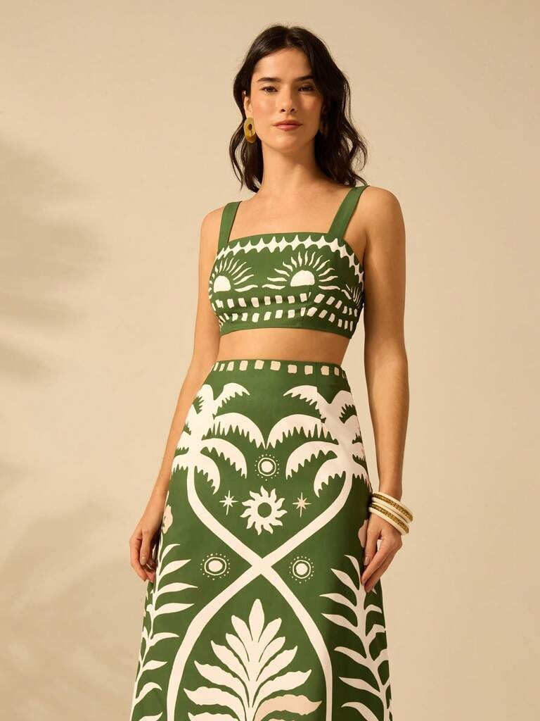 Conjunto Feminino Estampa Tropical Verde Florença