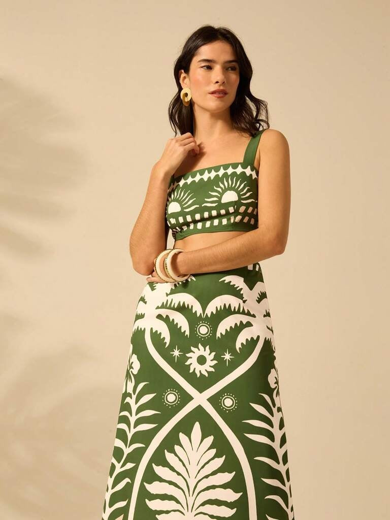 Conjunto Feminino Estampa Tropical Verde Florença
