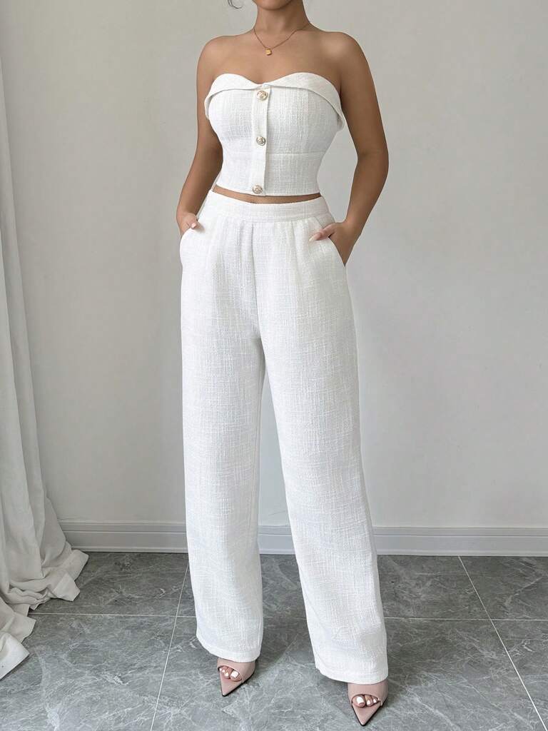 Conjunto Feminino Antonella – Linho Branco com Detalhes Elegantes