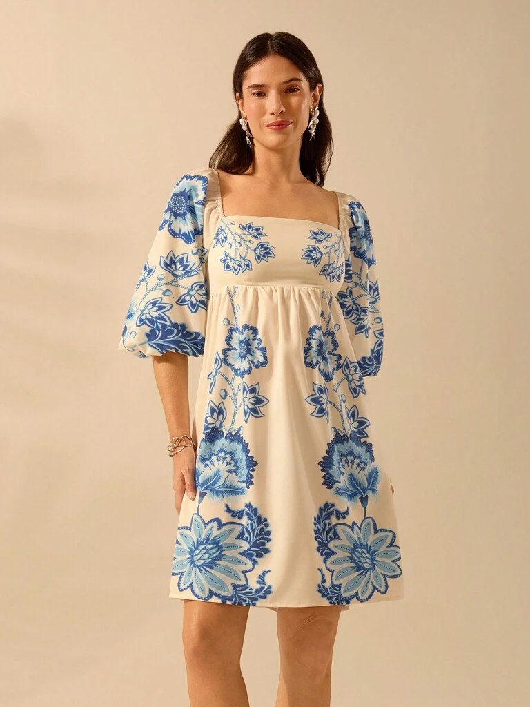 Vestido Curto Portofino – Manga Bufante Floral