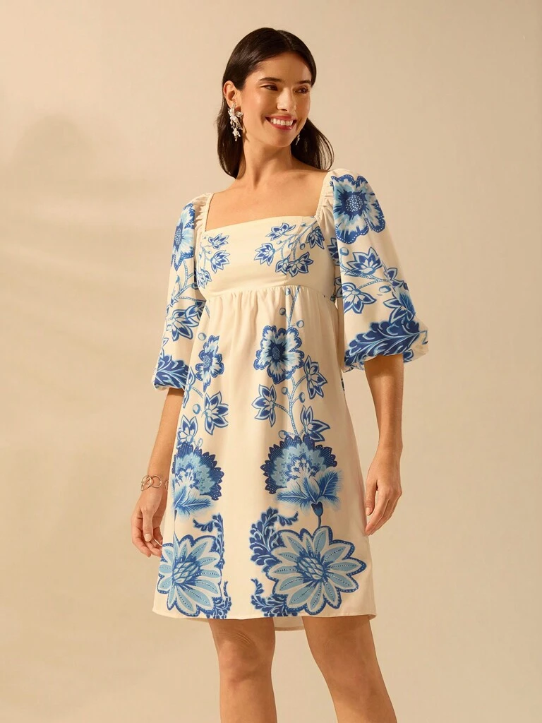 Vestido Curto Portofino – Manga Bufante Floral