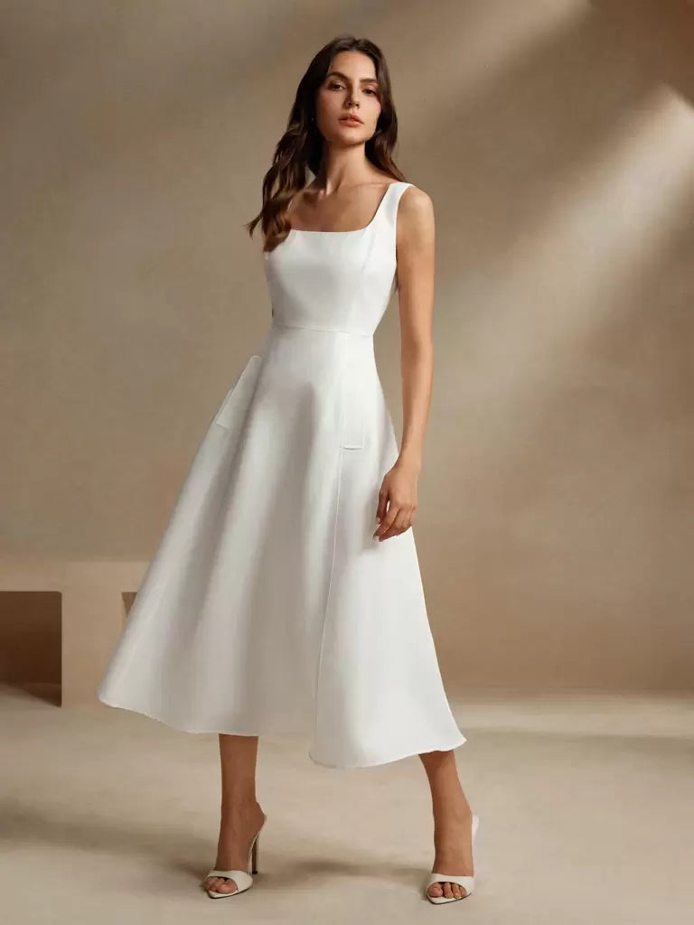 Vestido Midi Francês Decote Quadrado Bianca – Sofisticação Atemporal