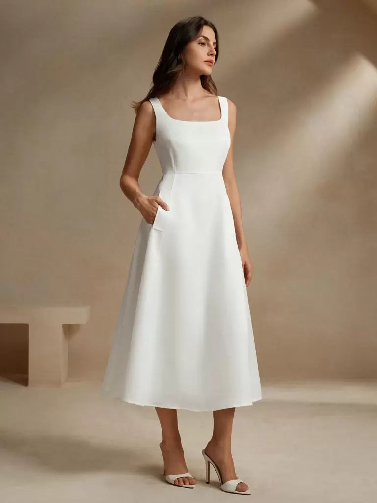 Vestido Midi Francês Decote Quadrado Bianca – Sofisticação Atemporal