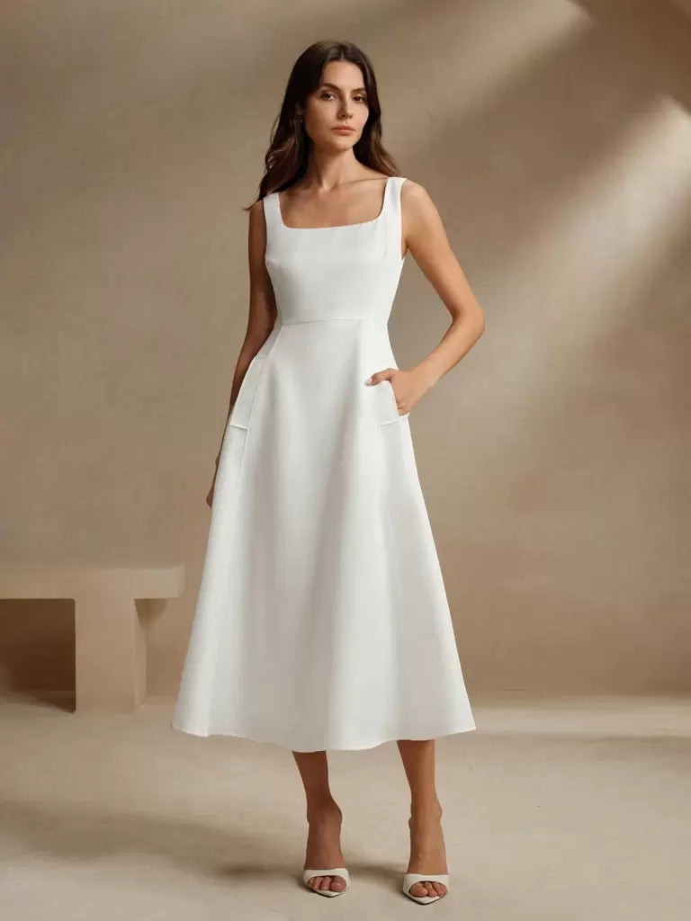 Vestido Midi Francês Decote Quadrado Bianca – Sofisticação Atemporal