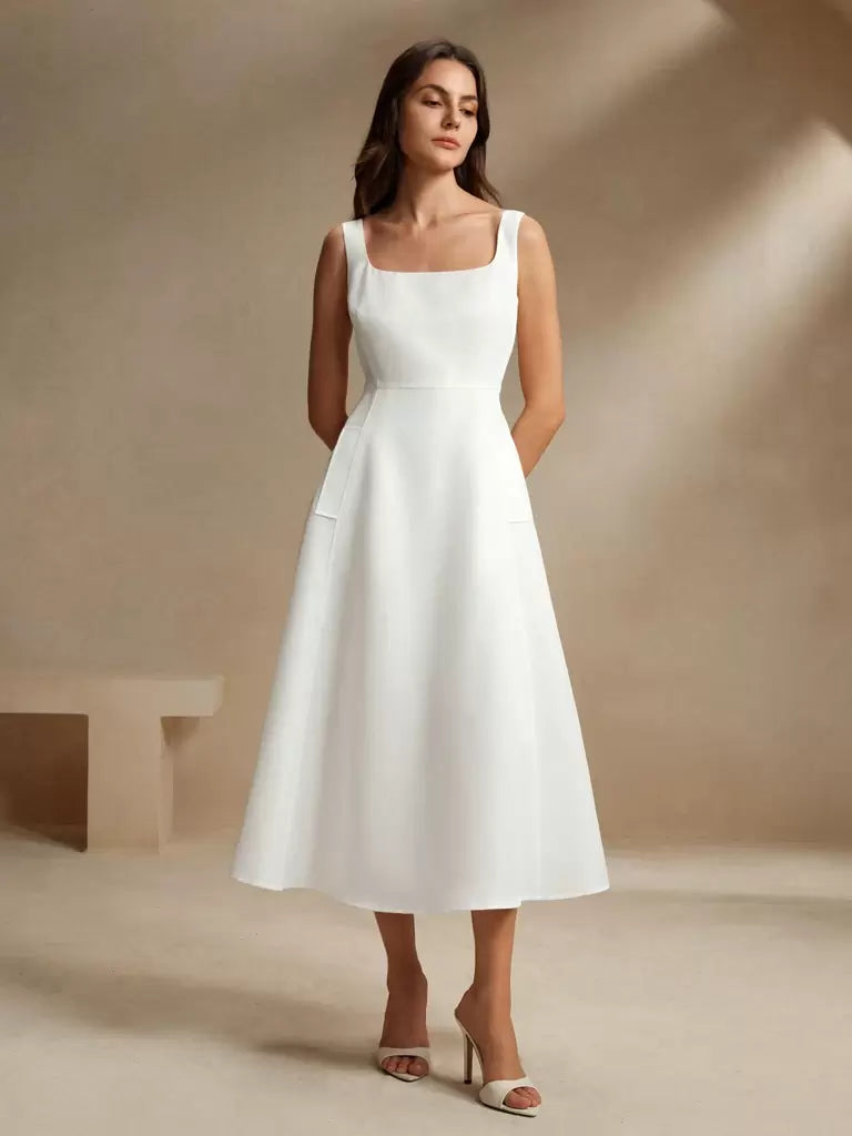 Vestido Midi Francês Decote Quadrado Bianca – Sofisticação Atemporal