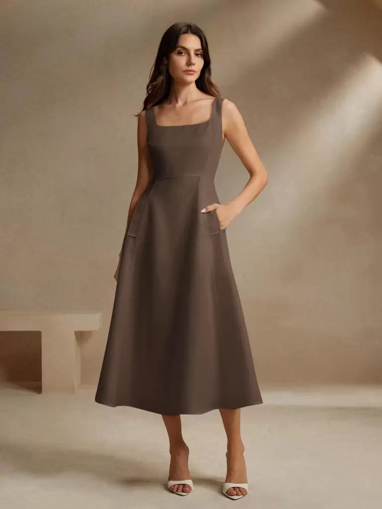 Vestido Midi Estilo Francês Decote Quadrado Marrom