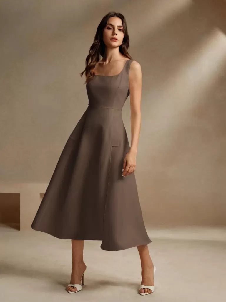 Vestido Midi Estilo Francês Decote Quadrado Marrom