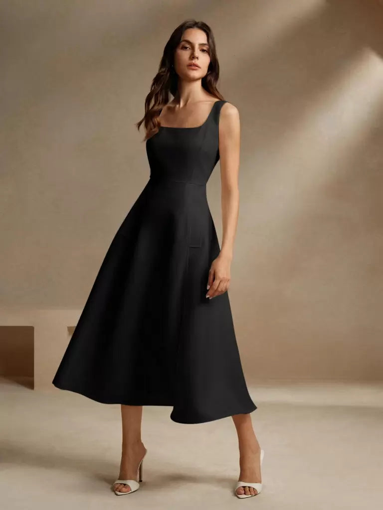 Vestido Midi Francês Decote Quadrado Noir – Sofisticação Atemporal