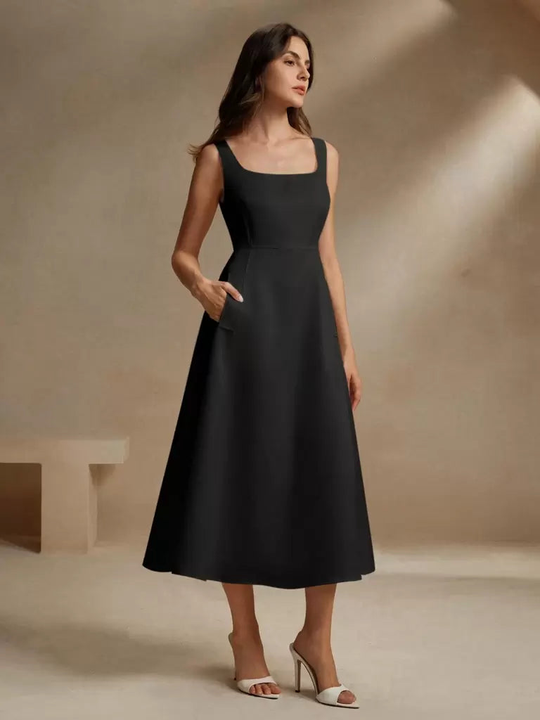 Vestido Midi Francês Decote Quadrado Noir – Sofisticação Atemporal