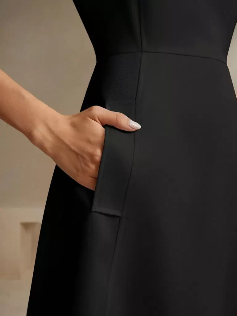 Vestido Midi Francês Decote Quadrado Noir – Sofisticação Atemporal