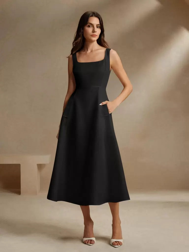 Vestido Midi Francês Decote Quadrado Noir – Sofisticação Atemporal