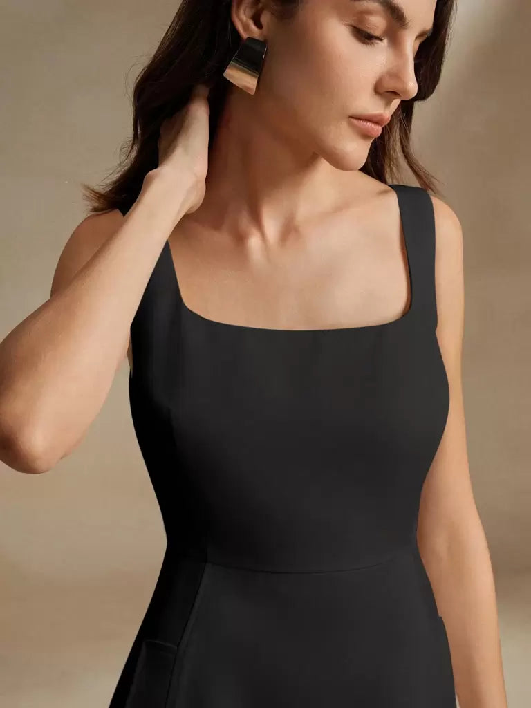 Vestido Midi Francês Decote Quadrado Noir – Sofisticação Atemporal
