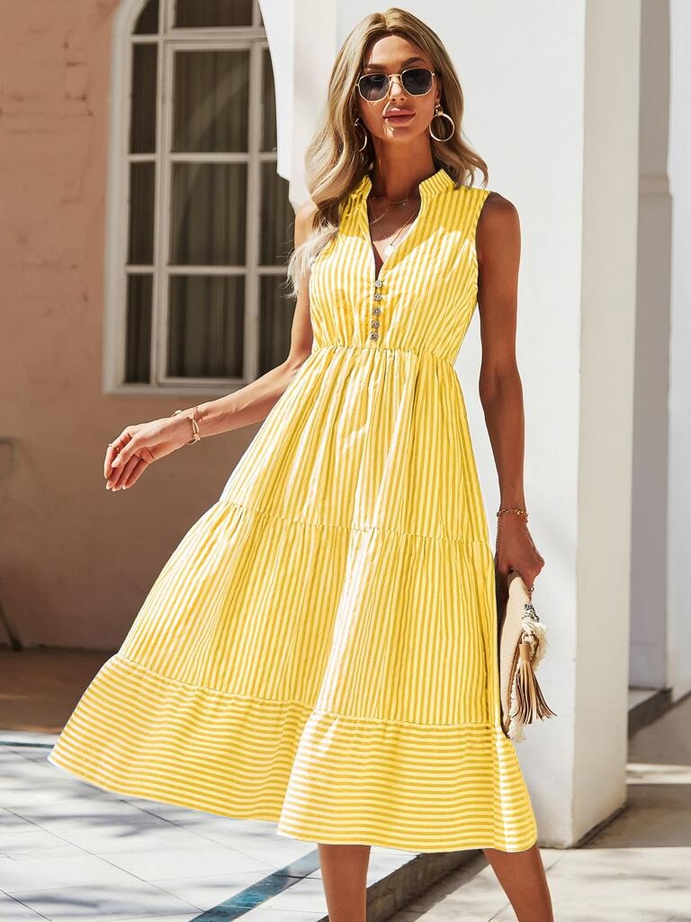 Vestido Midi Listrado Amarelo Rafaela – Leveza e Sofisticação para o Dia a Dia