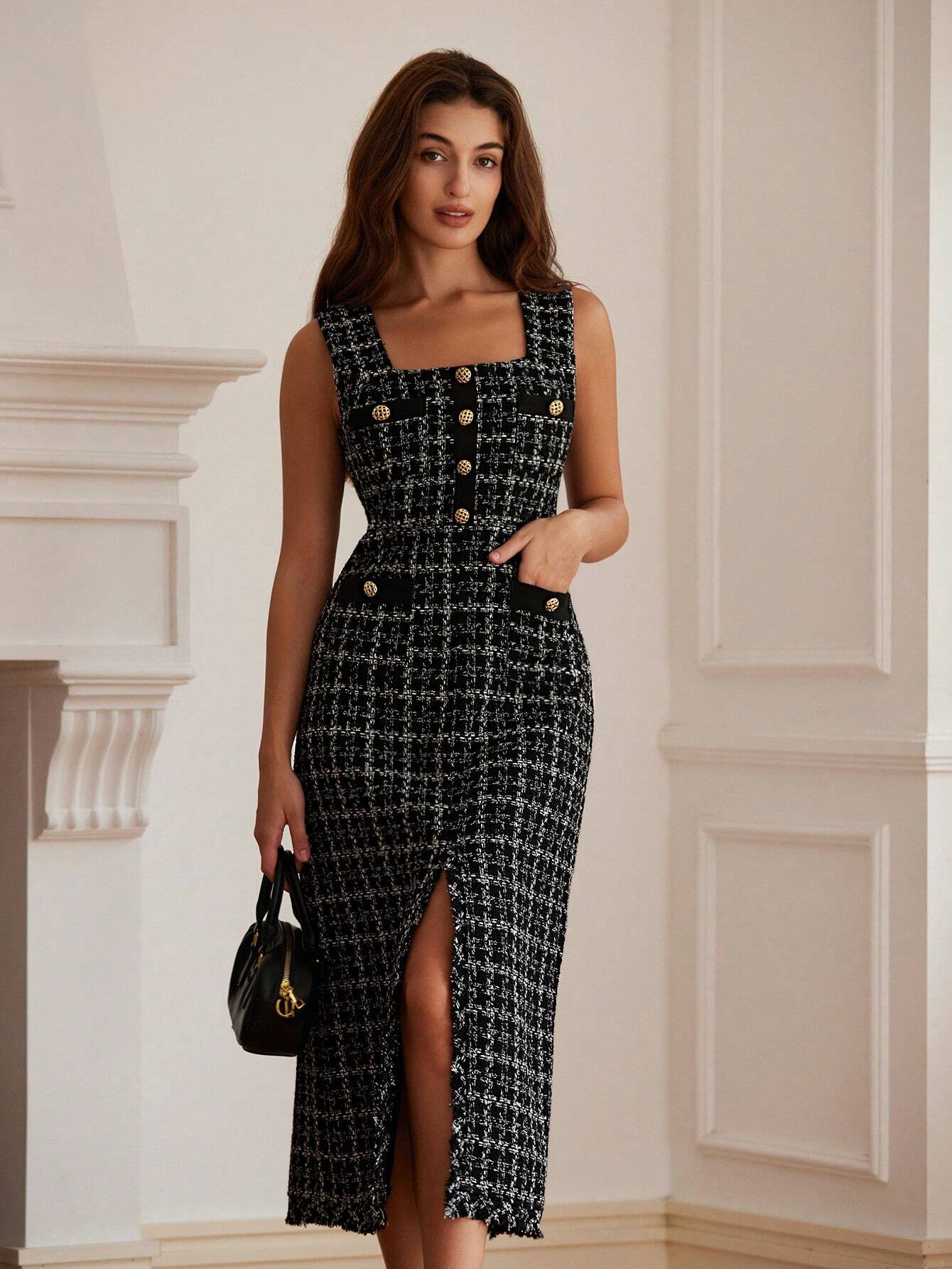 Vestido Midi Tweed Francês Alyne – Sofisticação em Cada Detalhe