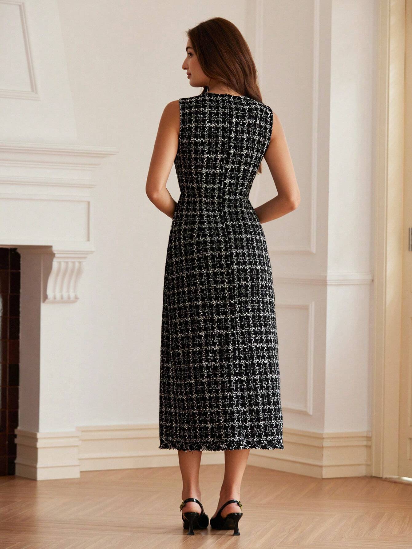 Vestido Midi Tweed Francês Alyne – Sofisticação em Cada Detalhe