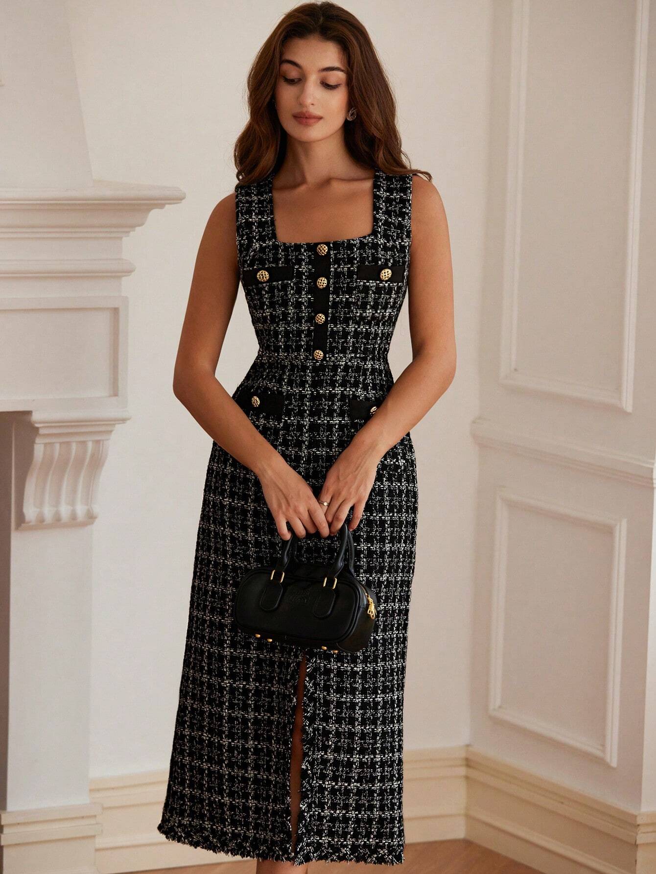 Vestido Midi Tweed Francês Alyne – Sofisticação em Cada Detalhe