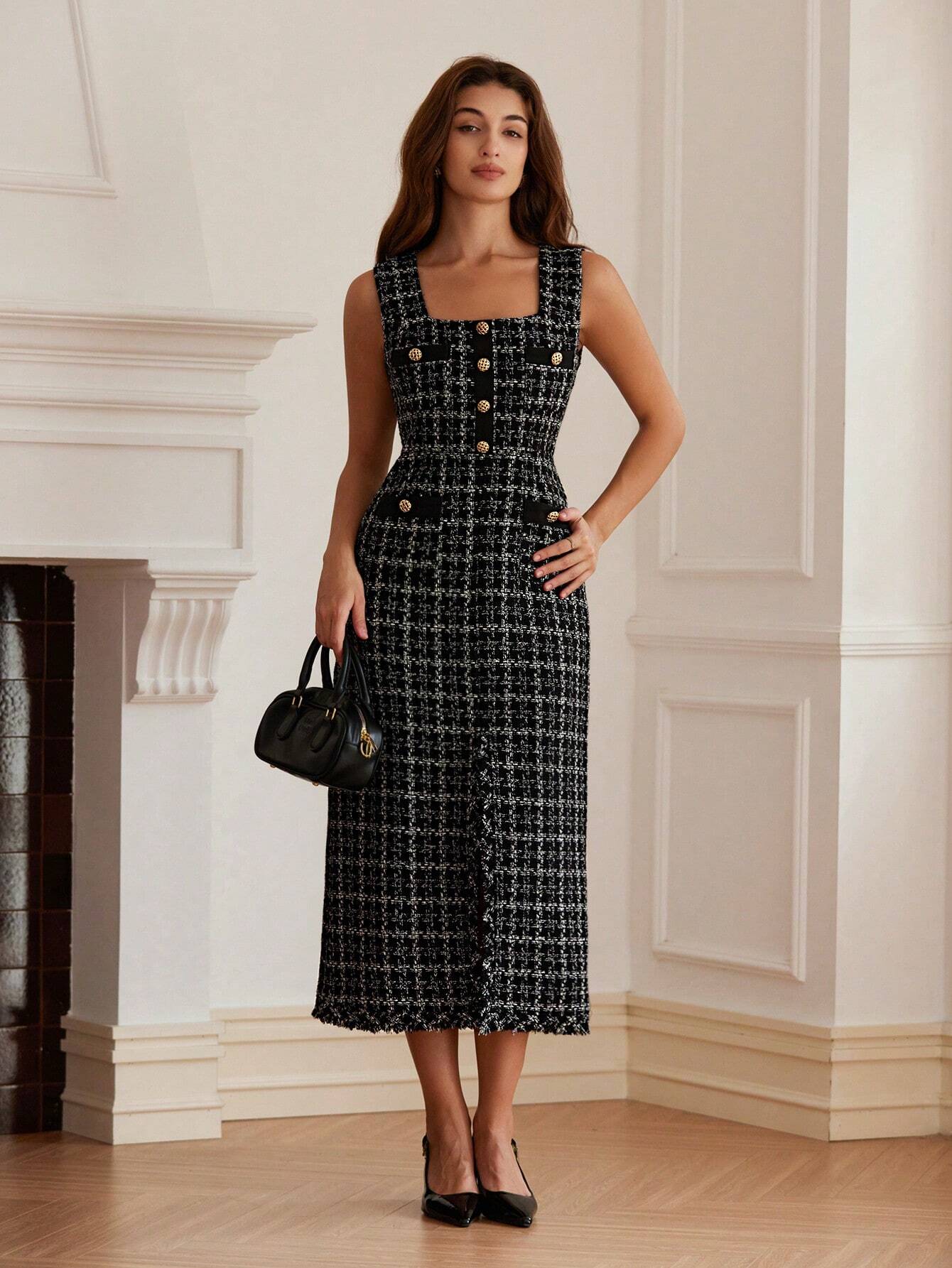 Vestido Midi Tweed Francês Alyne – Sofisticação em Cada Detalhe