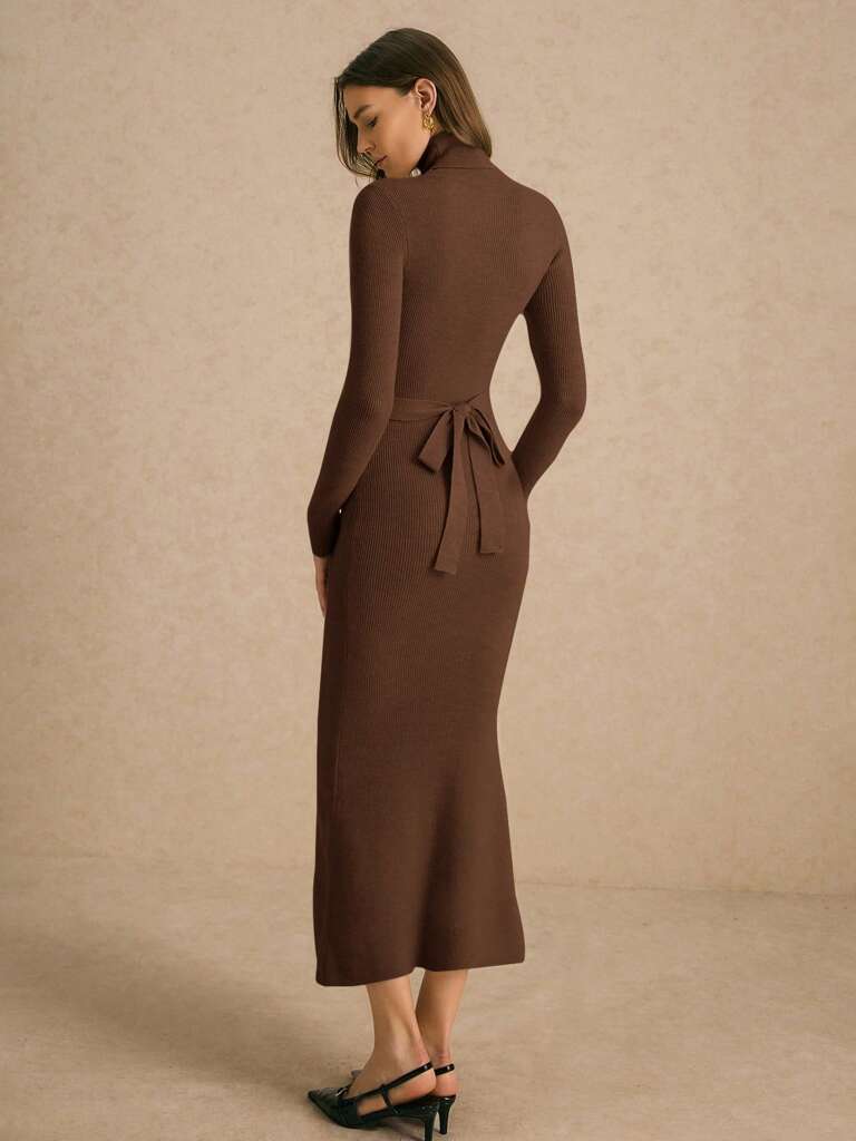 Vestido Midi de Tricô Gola Alta Marrom Thalitta