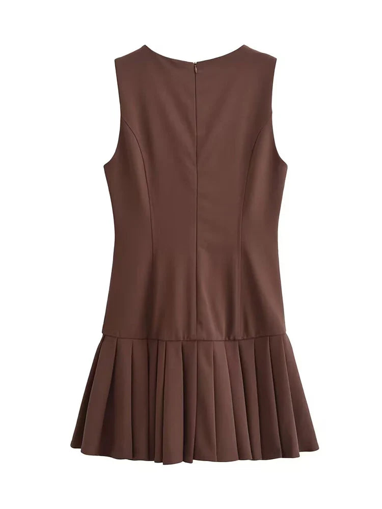 Vestido Feminino Isadora – Plissado Sem Mangas Marrom