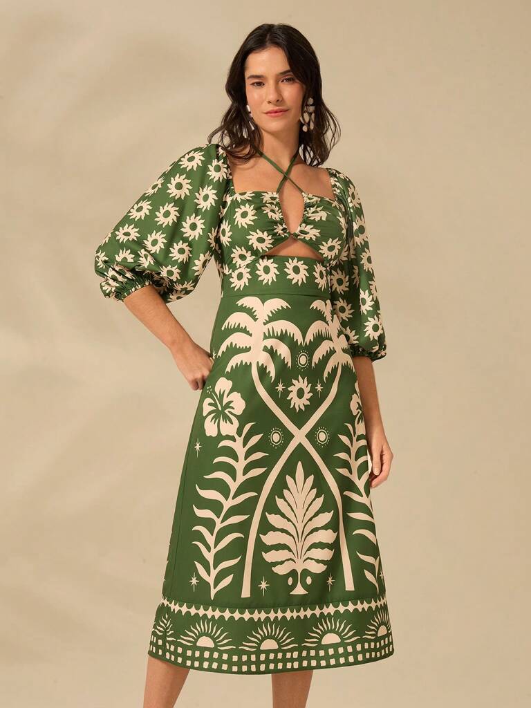 Vestido Curto Amalfi – Manga Bufante Verde Floral