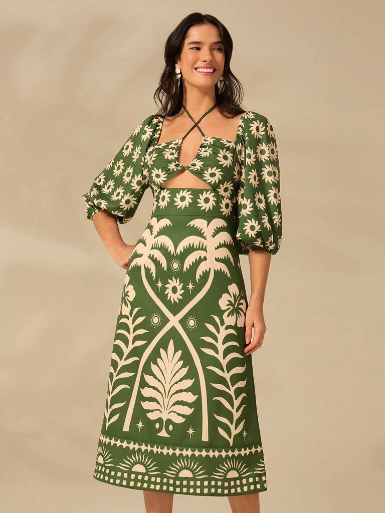 Vestido Curto Amalfi – Manga Bufante Verde Floral