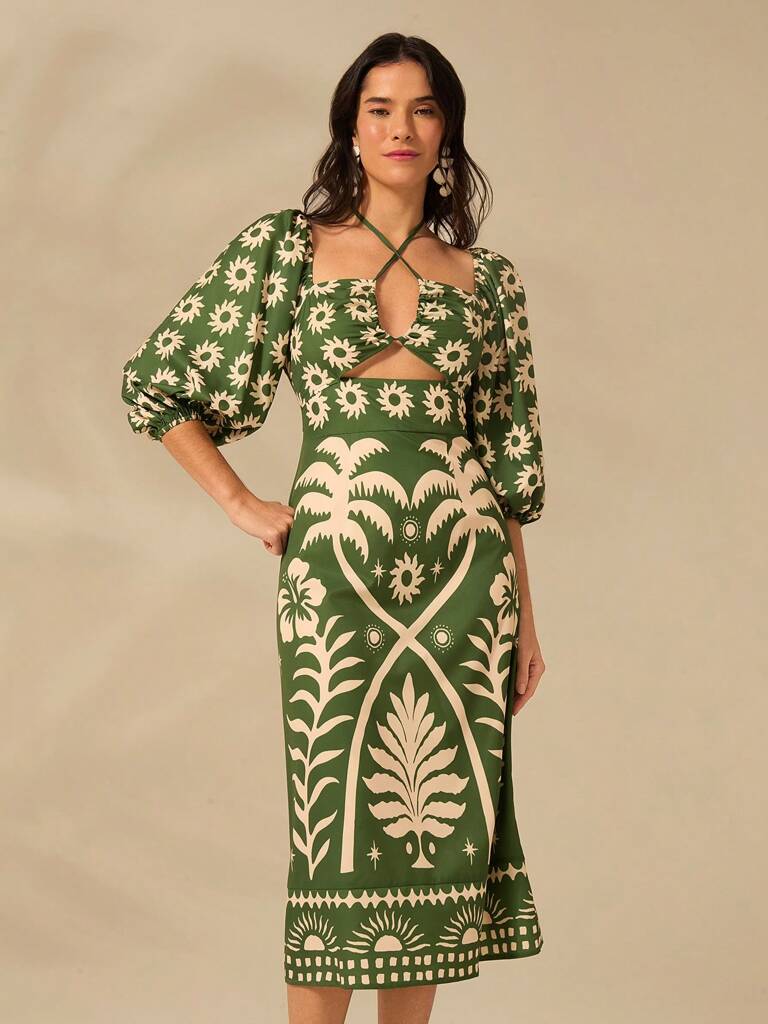 Vestido Curto Amalfi – Manga Bufante Verde Floral