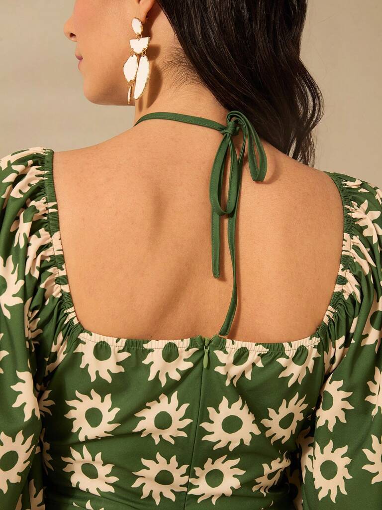Vestido Curto Amalfi – Manga Bufante Verde Floral