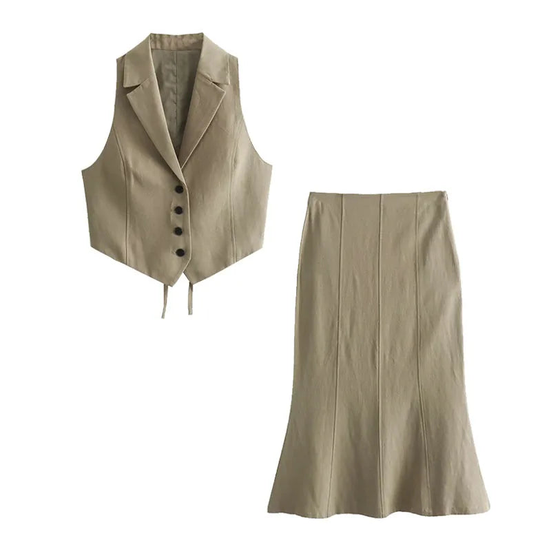 Conjunto Feminino 2 Peças Cintura Alta Cáqui Lury