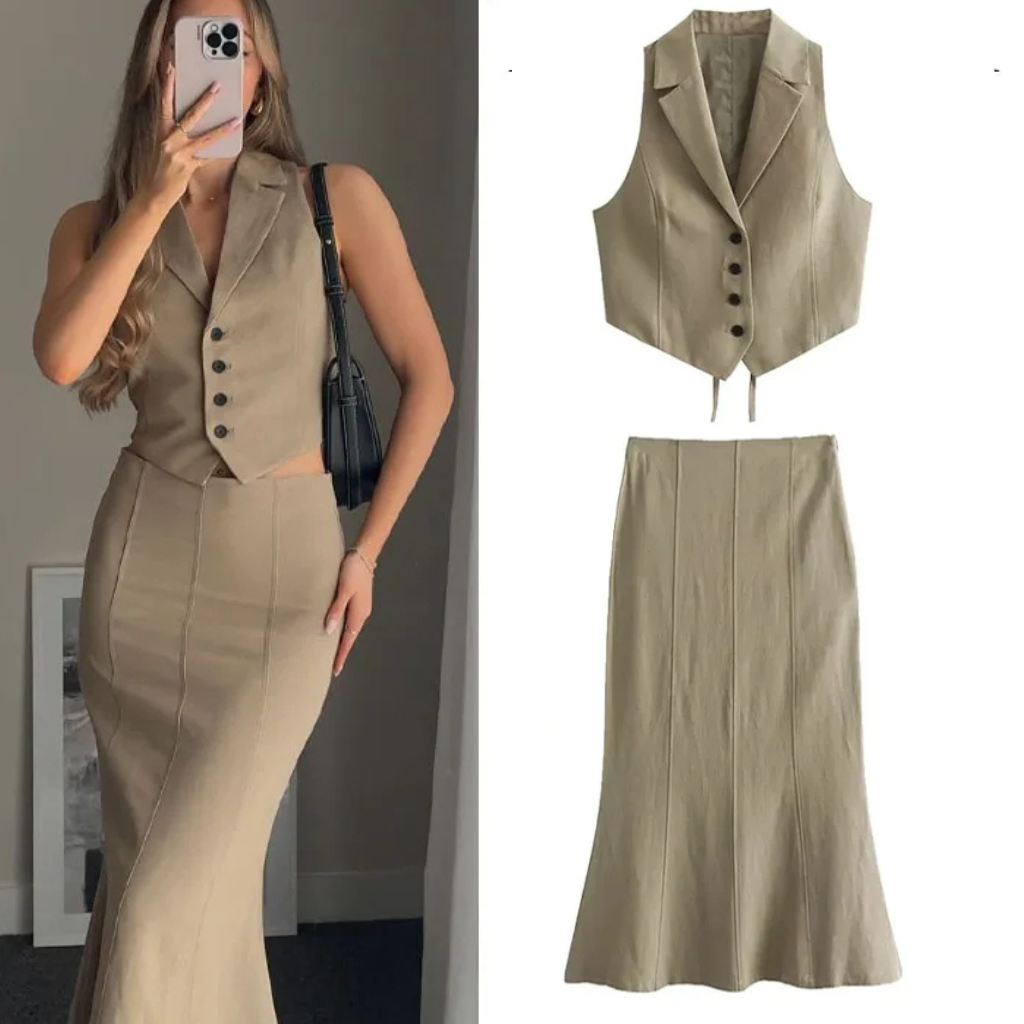 Conjunto Feminino 2 Peças Cintura Alta Cáqui Lury