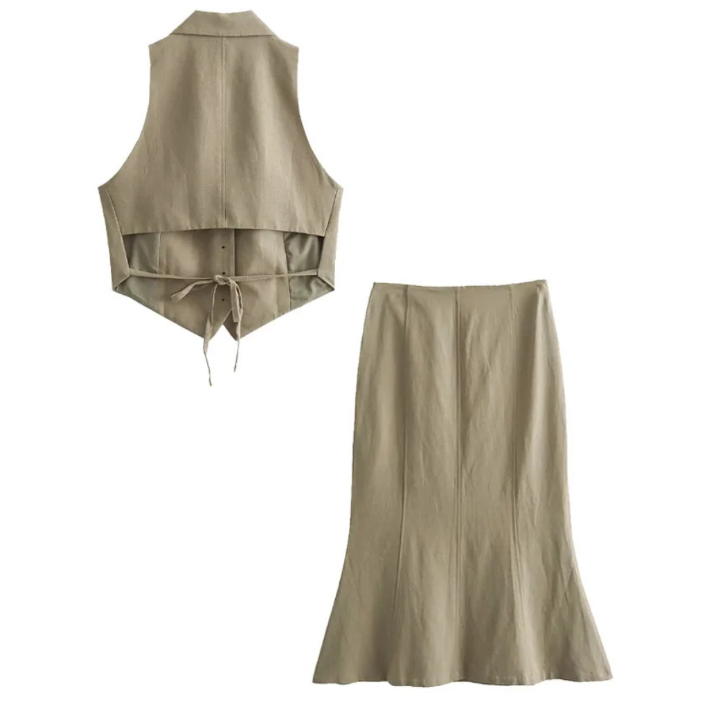 Conjunto Feminino 2 Peças Cintura Alta Cáqui Lury