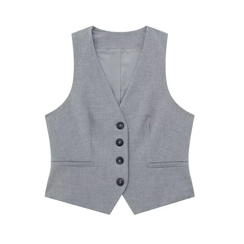 Conjunto Feminino Cinza – Decote V &amp; Cintura Alta