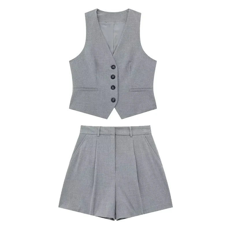 Conjunto Feminino Cinza – Decote V &amp; Cintura Alta