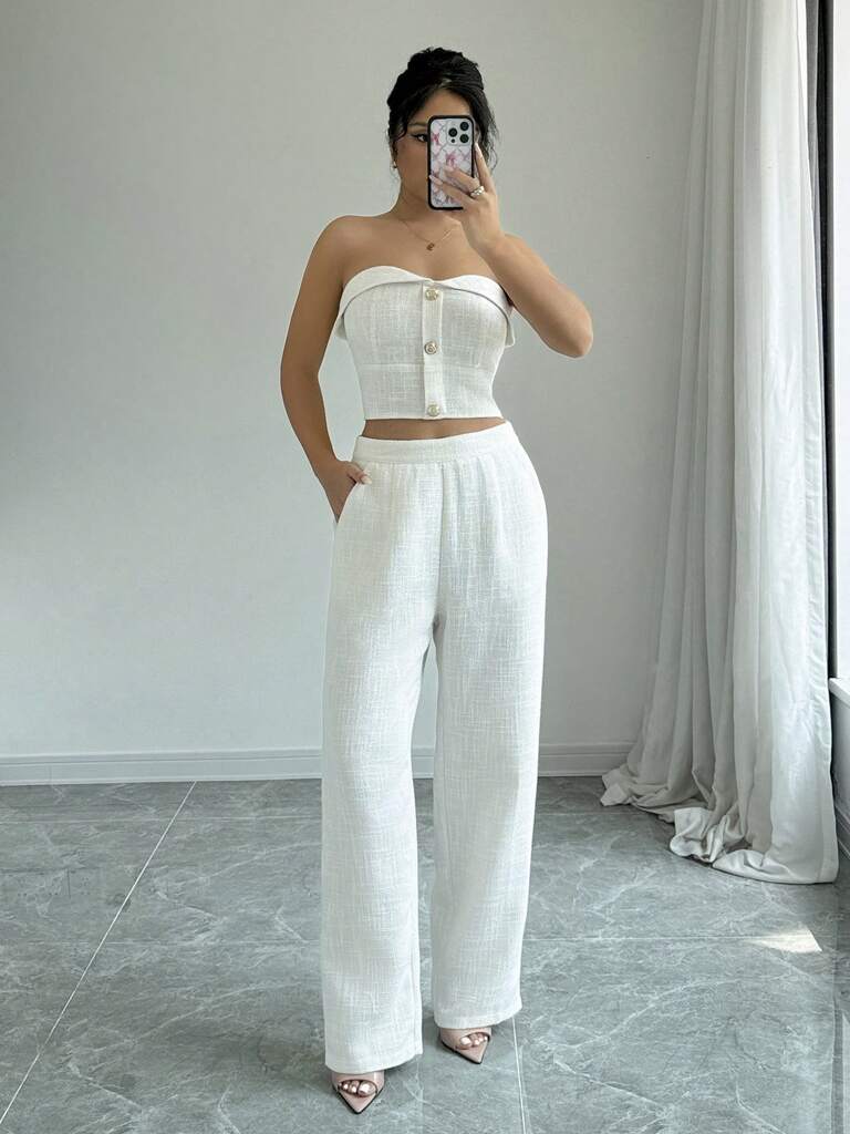 Conjunto Feminino Antonella – Linho Branco com Detalhes Elegantes