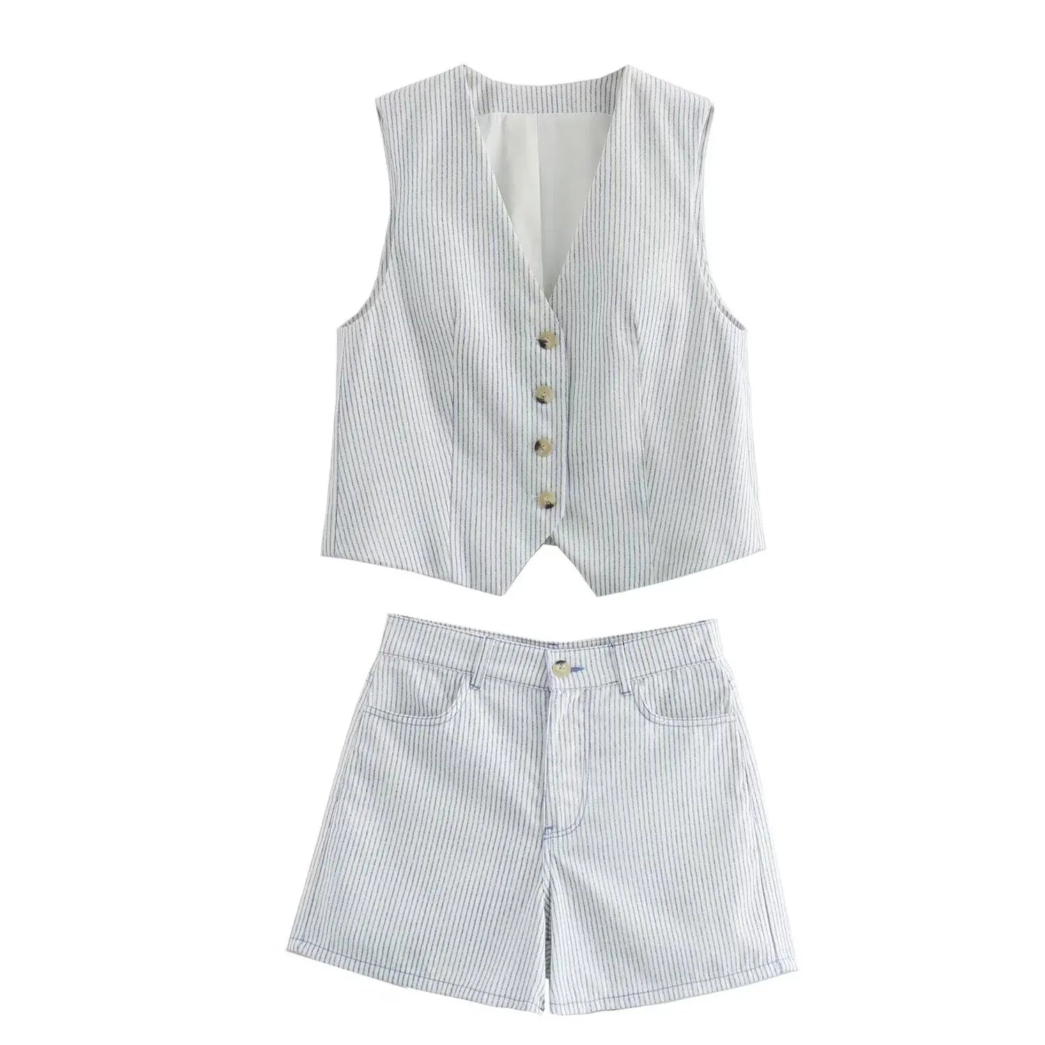 Conjunto Feminino Listrado Branco – Decote V &amp; Cintura Alta Hag