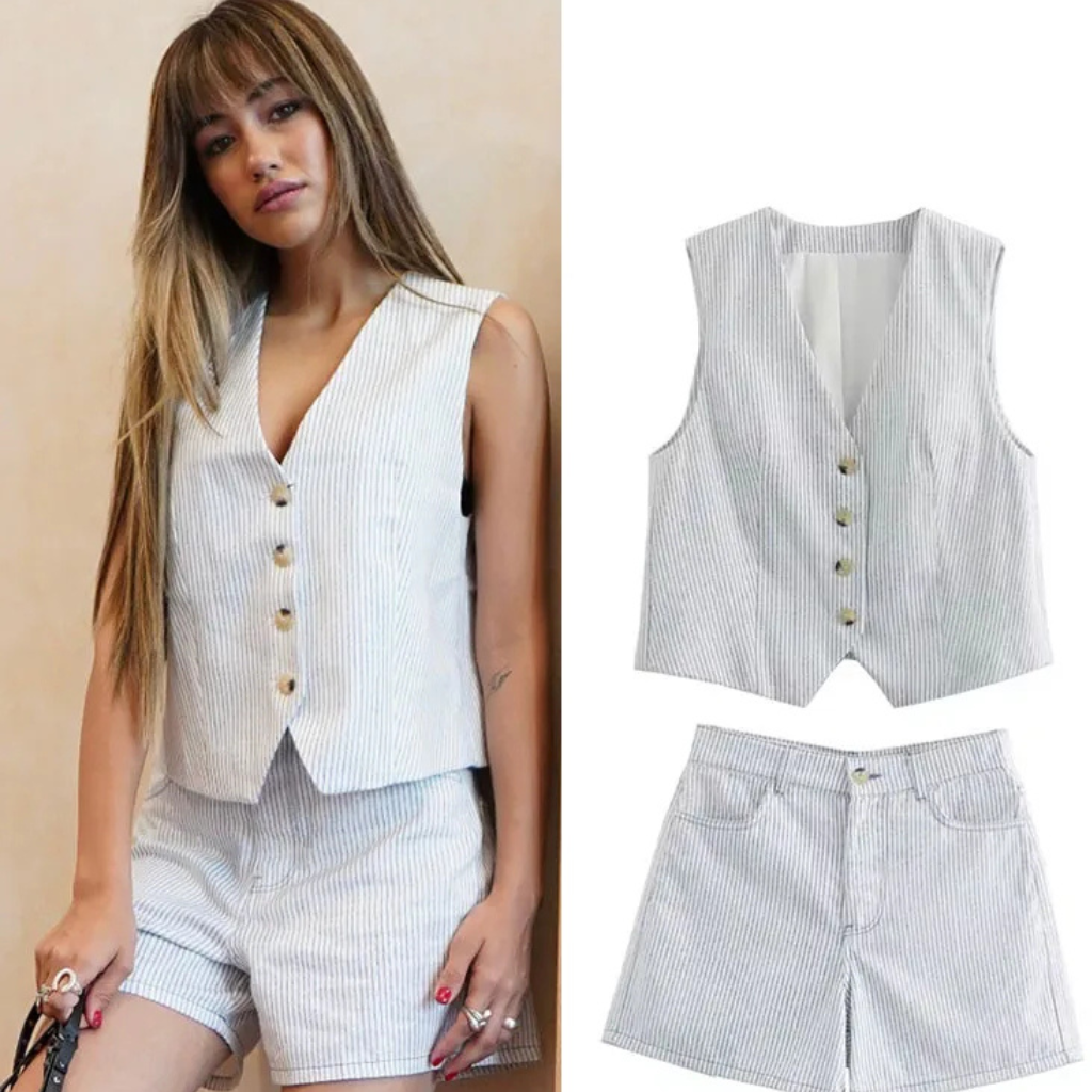 Conjunto Feminino Listrado Branco – Decote V &amp; Cintura Alta Hag