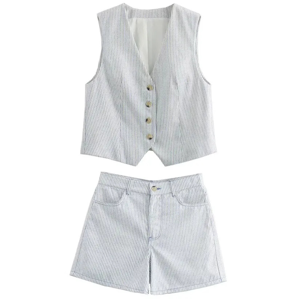 Conjunto Feminino Listrado Branco – Decote V &amp; Cintura Alta Hag