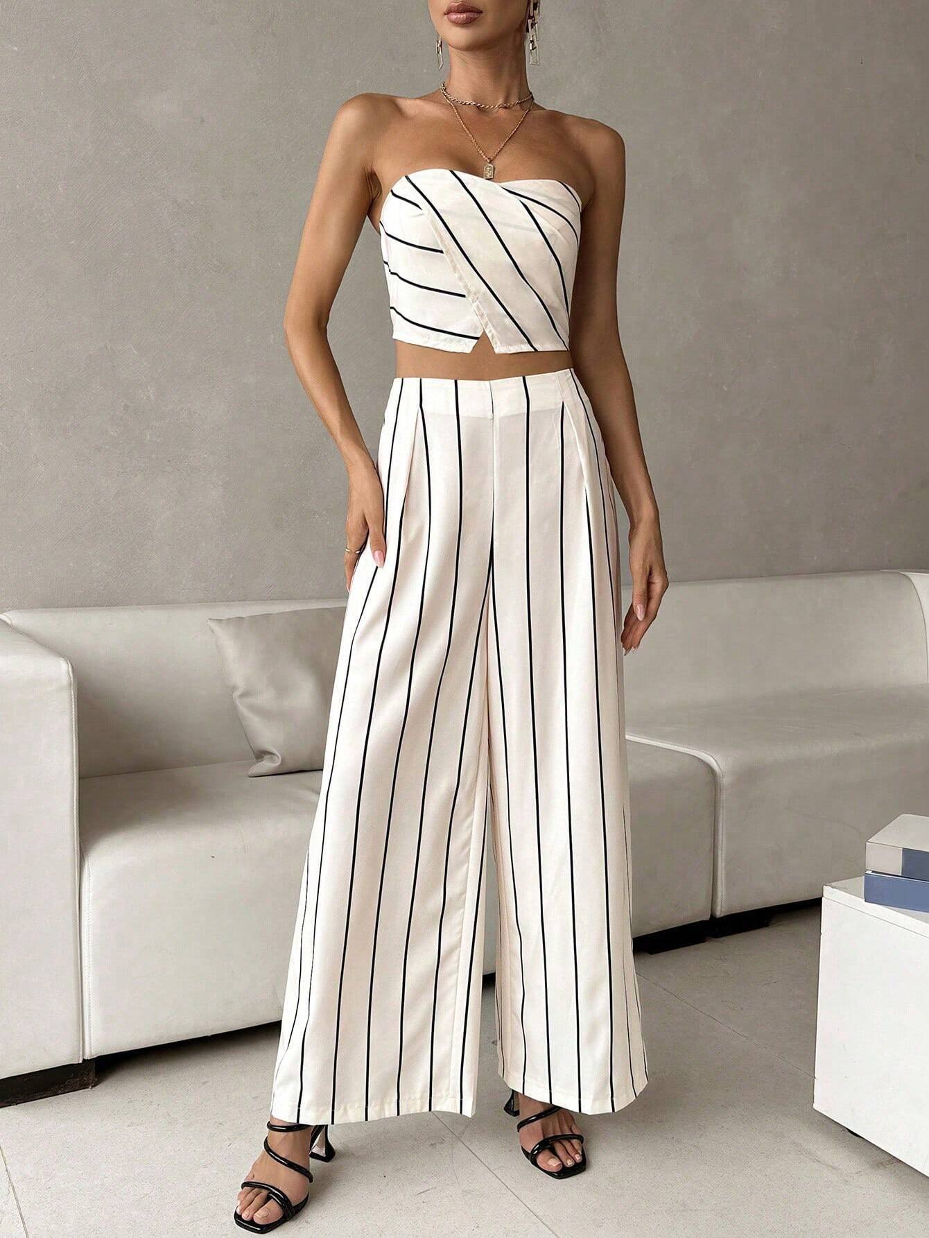 Conjunto Feminino Branco Listrado Riviera