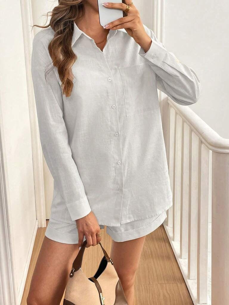 Conjunto Feminino Jasmine Branco – Short &amp; Blusa 100% Algodão