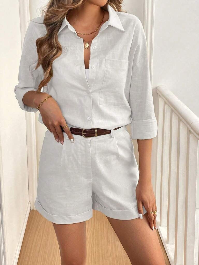 Conjunto Feminino Jasmine Branco – Short &amp; Blusa 100% Algodão