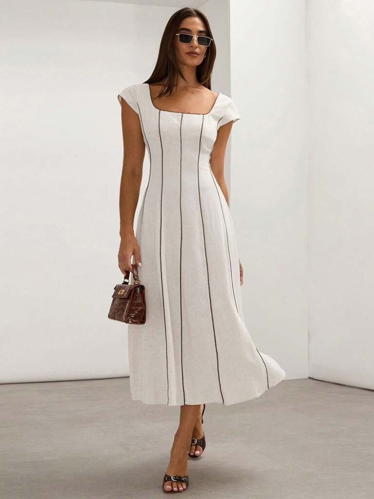 Vestido Midi em Linho Bloco de Cores Bege Tereza