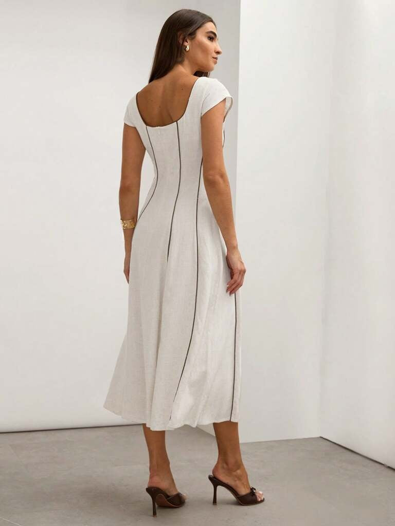 Vestido Midi em Linho Bloco de Cores Bege Tereza