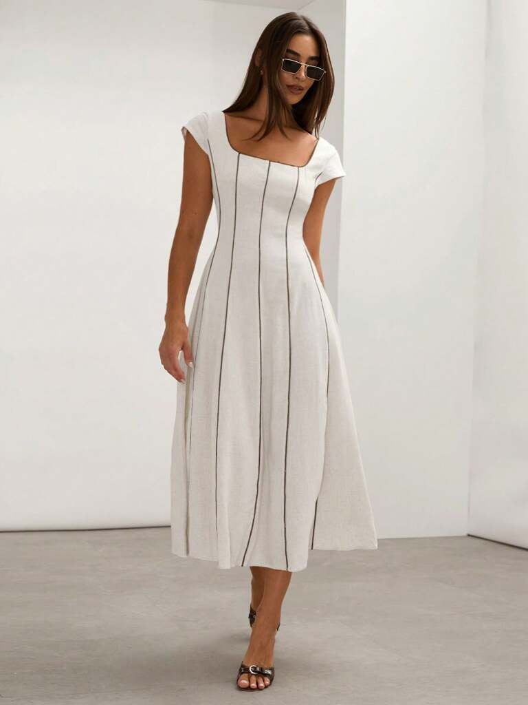 Vestido Midi em Linho Bloco de Cores Bege Tereza