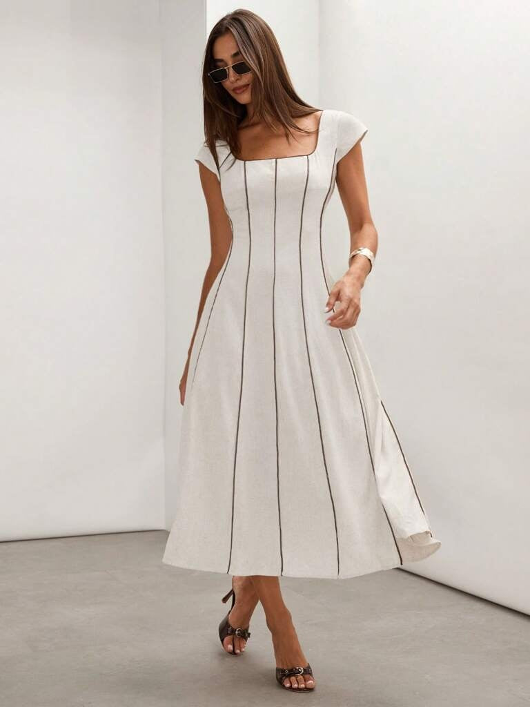 Vestido Midi em Linho Bloco de Cores Bege Tereza