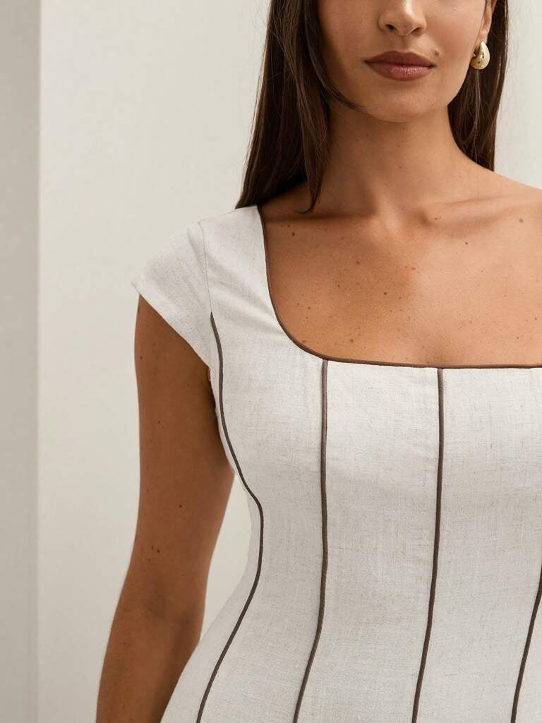 Vestido Midi em Linho Bloco de Cores Bege Tereza